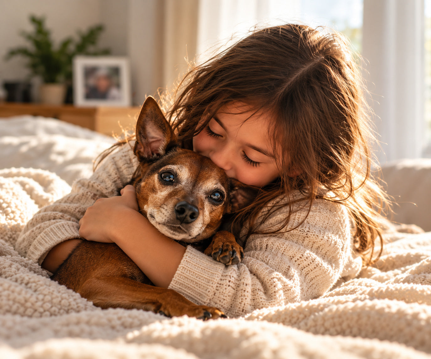 Una niña abraza a su perro en la cama, con luz cálida de la mañana.