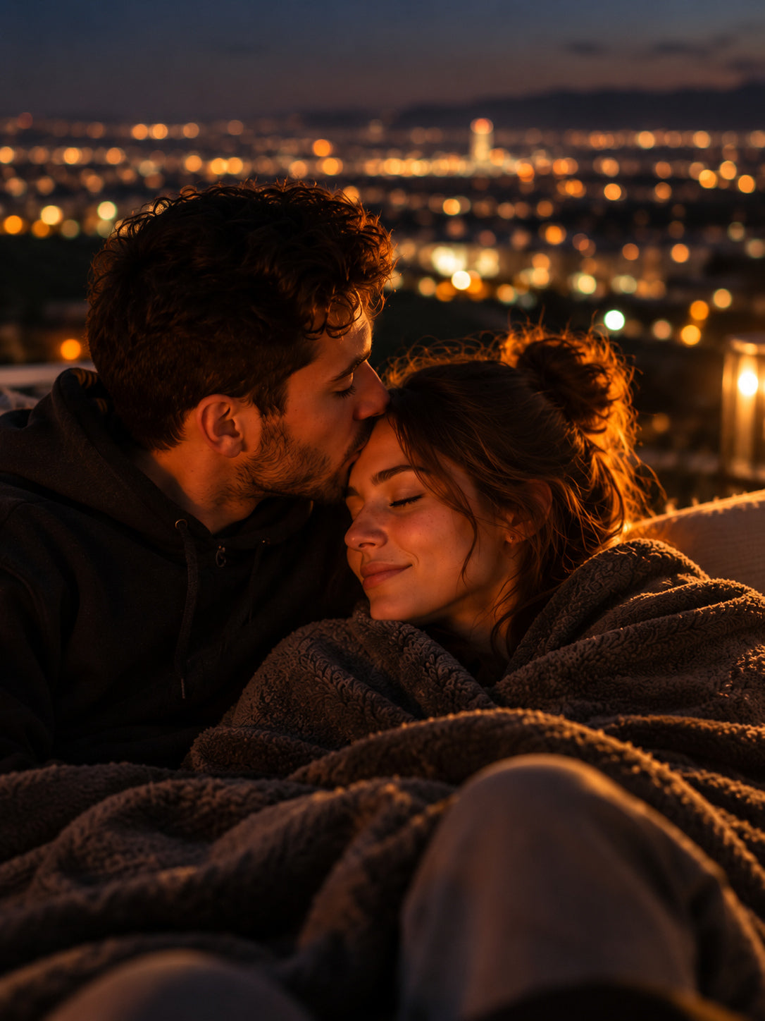 Una pareja se abraza de noche bajo una manta, con la ciudad iluminada al fondo.